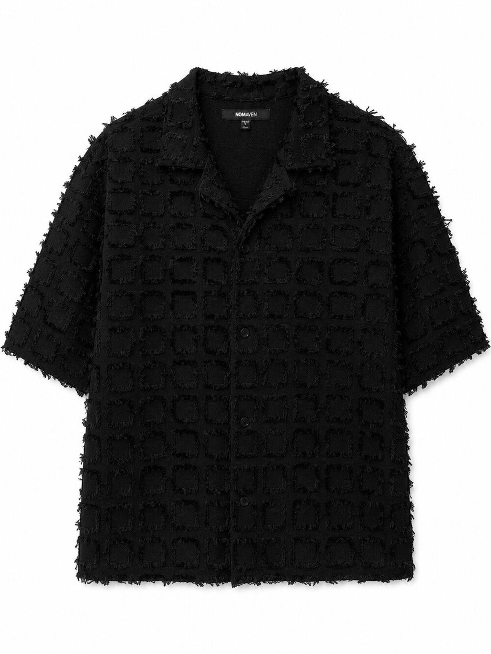 NOVA MEN Black Textured Fringe Checkerboard Short Sleeve Shirt Size L